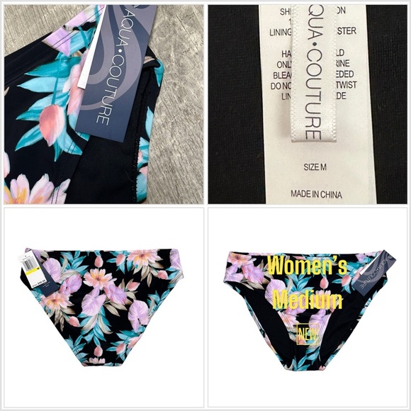 Aqua Couture Medium Swim Bikini Bottom Hipster Flowers Tropical Swimwear NWT - Picture 1 of 9